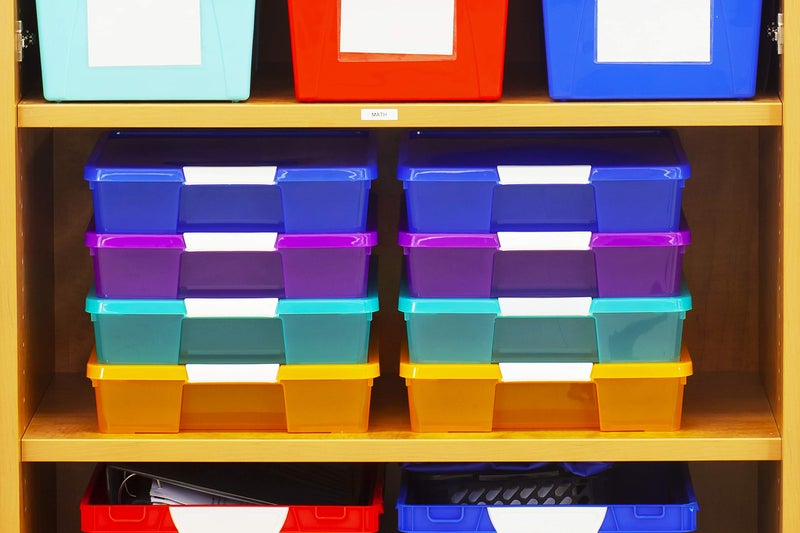 Storex Classroom Student Project Box, Plastic, 15.25 x 13.25 x 3.25 inches , Assorted Tints, 5-Pack (63202U05C), standard sized - Image 2